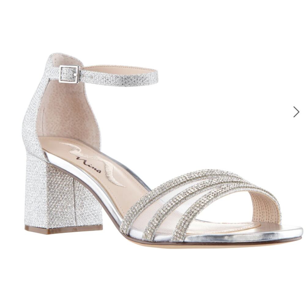 NAGIDA SILVER METALLIC TEXTURED BLOCK-HEEL SANDAL Sz 8.5 M